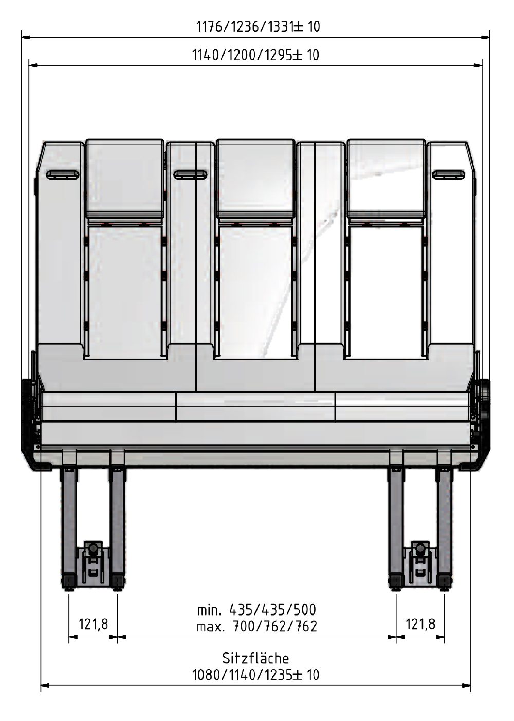 technische Zeichnung einer Sitzbank frontal